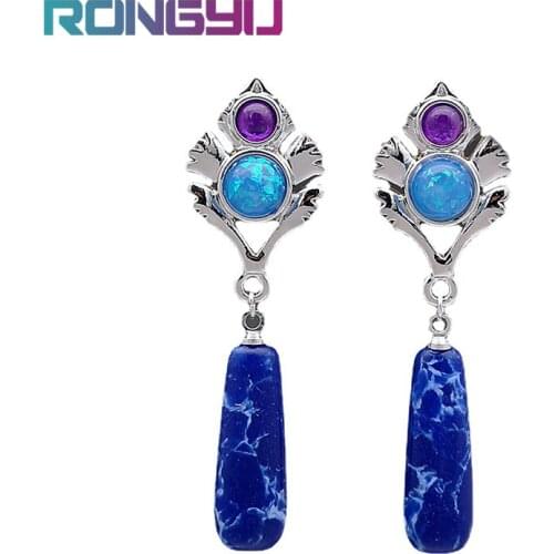 Classic Amethyst Emerald Pendant Earrings Fashion Antique Lapis Lazuli Pendants Ear Studs Female Wedding Engagement Jewelry