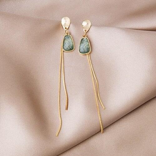 TIMEONLY Vintage Green Crystal Long Tassel Earrings for Women Femme Gold Color Alloy Chain Geometric Drop Earrings Party Jewelry