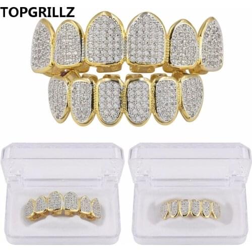 TOPGRILLZ Classic 6/6 Hip Hop/Punk Teeth Grillz Set Gold Silver Color Top & Bottom Grills Dental Mouth Caps Cosplay Party