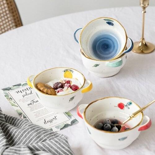 Japanese Binaural Ceramic Bowl Retro Bowl with Handle 6-inch Household Rice Bowl Luo Songtang Bowl Dessert Small Bowl