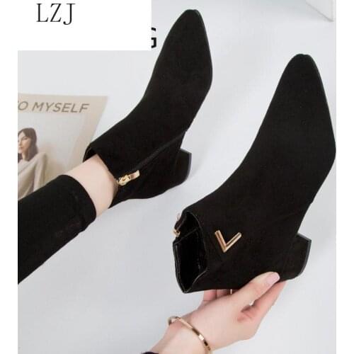 2019 Fashion Women Boots Casual Leather Low High Heels Spring Shoes Woman Pointed Toe Rubber Ankle Boots Black Red Zapatos Mujer