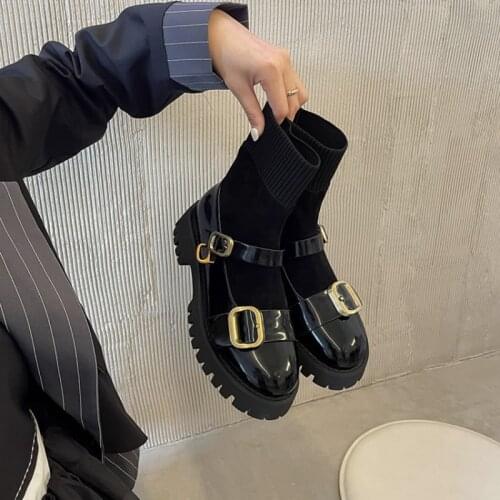 2021 Winter Boots Women Round Toe Thick Heel Shoes Women Casual Fall Shoes Metal Buckle Cute Boots Black Knitted Booties Women