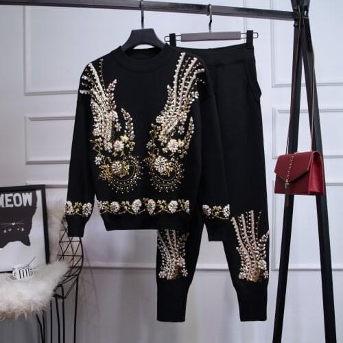 BLLOCUE High Quality 2020 Autumn Winter Womens Bead Sequined Embroidery Long-Sleeved Sweater Top Trousers 2PCS Sets Tracksuits