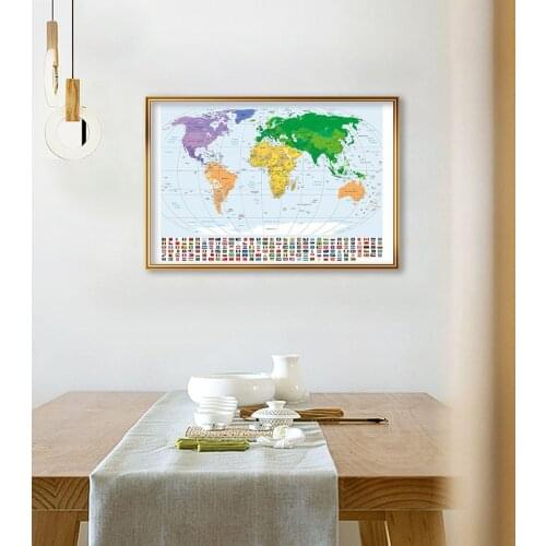 A2 Size The World Political Map with National Flags Travel Poster Canvas Painting School Supplies Classroom Wall Home Decor