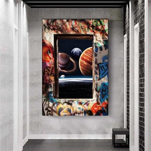 Abstract Graffiti Wall Art Canvas Painting Poster And The Planets Outside Window Prints Picture for Living Room Home Decor