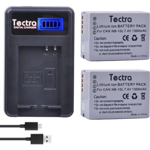 Tectra 2Pcs NB-10L NB10L Camera Battery + LCD USB Charger For Canon G1X G15 G16 SX40HS SX50HS SX60HS SX40 SX50 HS