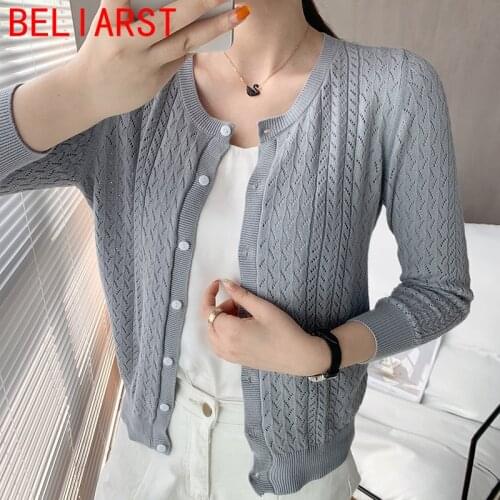 BELIARST 2021 Spring Autumn New Cotton Round Neck Hollow Knit Cardigan Womens Short Loose Outer Thin Long Sleeve Small Jacket