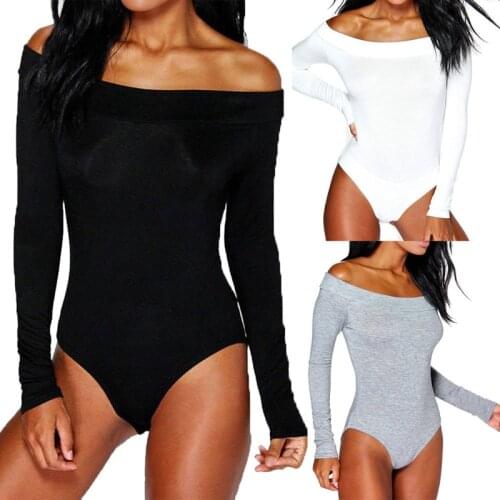 Women Summer Off Shoulder Long Sleeve Bodysuit Leotard Top Plain Stretch Suit