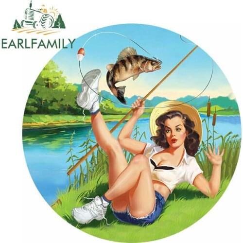 EARLFAMILY 13cm x 13cm Pin Up Girl Fishing Vinyl Stickers Guitar Skateboard Suitcase Girl Children Funny Graffiti Car Sticker
