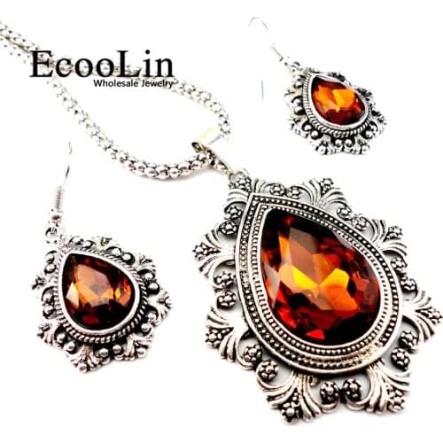 EcooLin Brand Fashion 4 Color Retro Silver Color Jewelry Set Women Pendant Earring Necklace Chain Jewelry Bulks Lots LR143