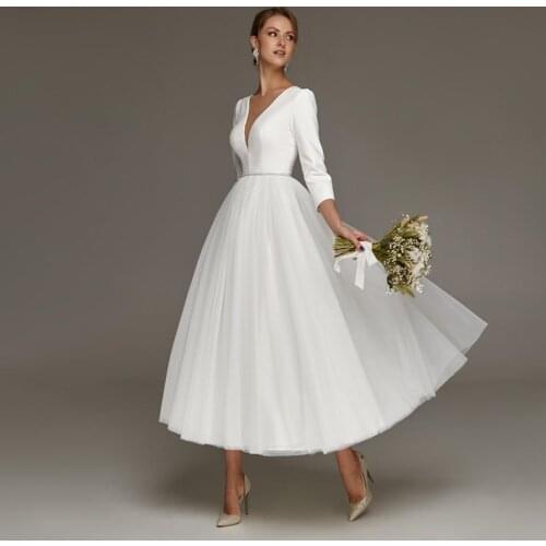 Elegant Rustic Bridal Gowns Sexy V Neck Tulle 3/4 Sleeves Button Back Cheap A Line Wedding Dress Party Short Robe Mariee Custom