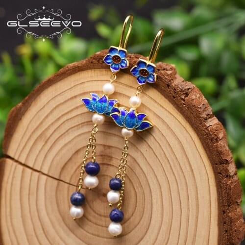 GLSEEVO Cloisonne Flower Handmade Vintage Long Hanging Earrings For Women Statement Lapis Lazuli Drop Earrings Jewelry GE0975