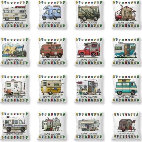 Happy Campers Cartoon Caravanning Cushion Cover Thick Polyester Pillowcase Livingroom Sofa Couch Modern Decorative Throw Pillows