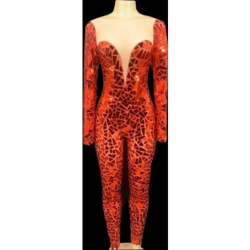 Sexy Red Mirrors Transparent Jumpsuit Women Prom Party Birthday Celebrate Outfit Female Bar Singer Dancer Shining Stage Costume
