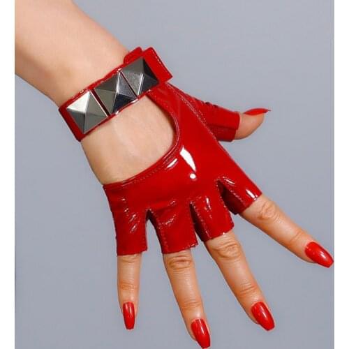 100% REAL PATENT LEATHER Fingerless Short Gloves Red Silver Studs Half Finger Women Semi-Finger Gloves WZP33