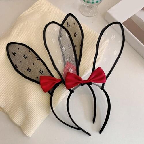 Lace Headband with Bunny Ears Bow Adorn Animal Hair Hoop Easter Christmas Cosplay Cartoon Theme Party Hair Accessories LX9E