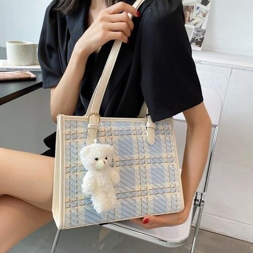 Fashion Plaid Shoulder Bag Female Bear Tote Bag 2021 Summer New Large Capacity Handbags Women Casual Crossbody Bag Shopping Bags
