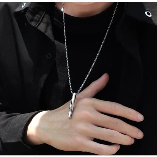 Silver Color Men Spiral Necklace Stainless Steel Rectangle Minimalist Simple Personality Hip Hop Ins Mens Pendant Boys Chains