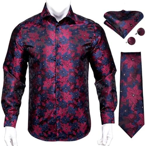 Hi-Tie Red Floral Mens Shirts Silk Tie Set Navy Blue Paisley Long Sleeve Casual Shirts For Men Jacquard Party Wedding Dress