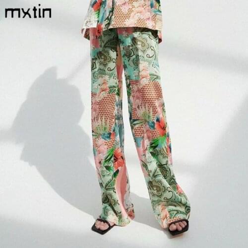 MXTIN 2021 Women Spring Fashion Print Patchwork Fly Side Pockets Straight Pant Vintage Elastic Waist Female Ankle Trousers Mujer