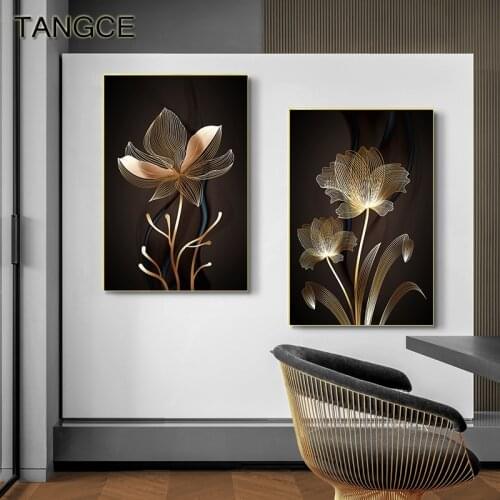 Nordic Golden Flower Wall Art Canvas Painting Abstract Black Posters and Prints Wall Pictures for Living Room Modern Home Decor