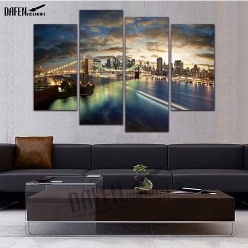 Wall Art Canvas Print 4 Pieces Brooklyn Bridge Still Life Painting Night Landscape Picture Framed For Modern Home Decoration