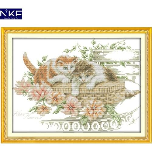 NKF Flowers and Cats Animal Pattern Handmade Craft Needlework Cross Stitch Embroidery Kit Cross Stitch for Home Decor