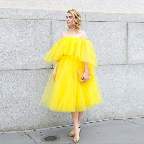 Simple Yellow Tulle Party Dresses Elegant Off Shoulder Evening Gown robe de soiree Custom Fashion Lady Formal Wear Prom Gowns
