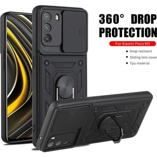 Shockproof Stand Ring Case For Xiaomi Poco M3 Push Pull Camera Protection Phone Cover Coque For Xaomi Little Poxo Poko M 3 6.53"