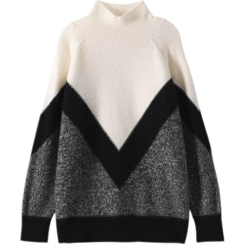 SHUCHAN Patchwork Turtleneck Pullover Free Shipping Items Clothes for Women 30% Cashmere 70% Wool Sweater Women