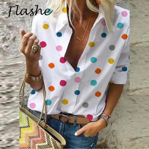 2021 New Polka Dot Blouse Women Shirt Turn Down Collar 3/4 Sleeve Print Shirts Plus Size Clothes Streetwear Tops Office Lady