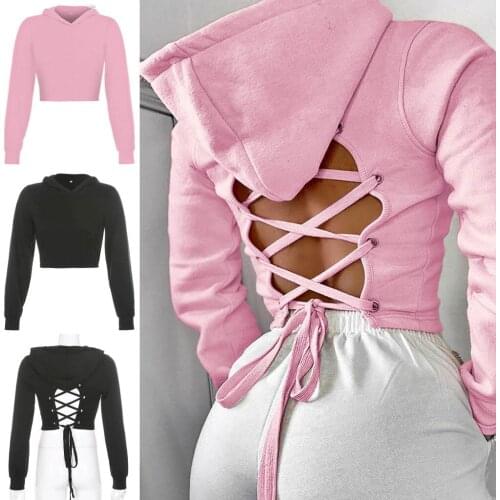 Ladies Sexy Back Strap Sexy Hollow Navel Bare Hooded Short Sweatshirt Top Solid Color All-match For Party Sport Sexy Shirts