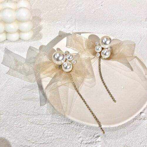 Origin Summer Vintage Perspective Bowknot Earrings for Women Oversize Imitation Pearl Tie Bow Dangle Earrings Vintage Jewelry
