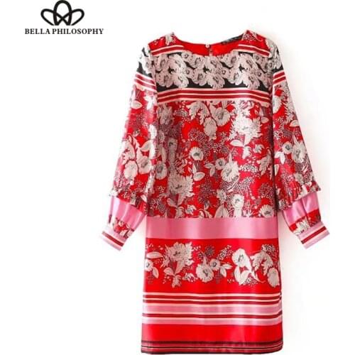 Bella Philosophy 2019 Spring Women Sweet Mini Dress Long Sleeve Vintage Print Female Dress Vintage Loose Fashion Dress