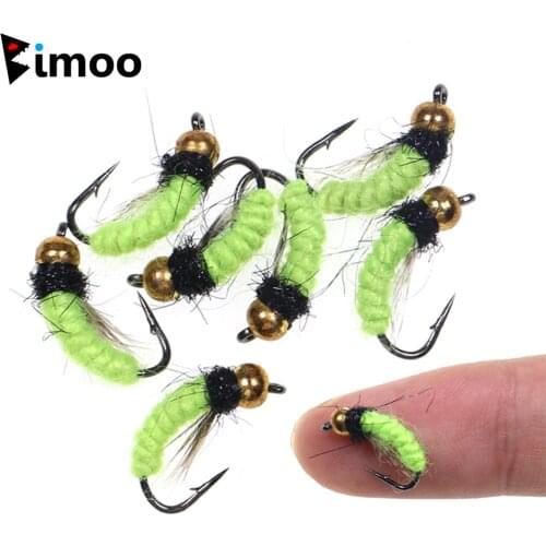 Bimoo 6PCS #12 Fluorescent Nymph Scud Bug Worm Fly UV Brass Bead Head Wet FliesTrout Grayling Fishing Fly Bait Lure Fast Sinking