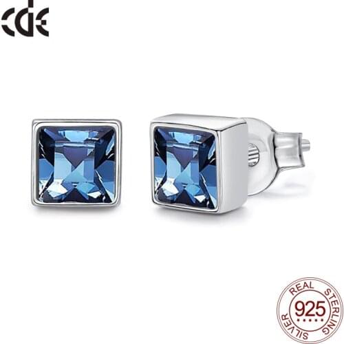 CDE 925 Sterling Silver Earrings with Square Blue Crystal from Swarovski Stud Earrings for Women Brincos Para As Mulheres Gifts