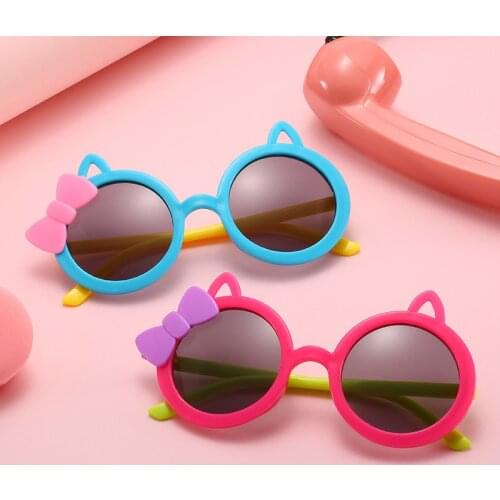 Round Kids Sunglasses Girls Shiny Cat Eye Ear Bow Sun Glasses Lovely Cat Children Baby Eyewear Fashion Gradient Eyeglasses UV400