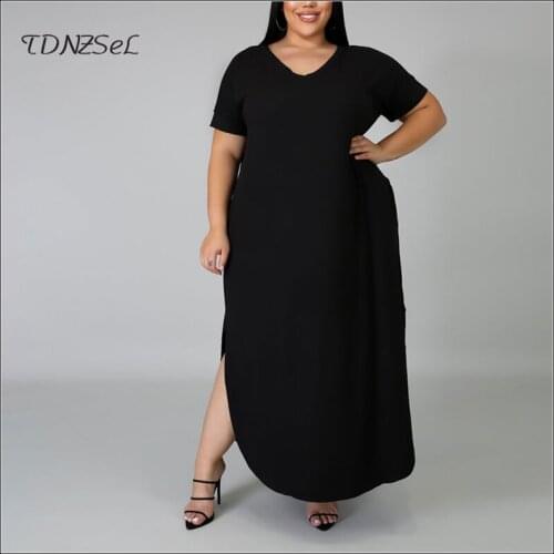 Summer Women V-neck Maxi Length Dress Office Lady Black Chic Short Sleeve Pocket Plus Size High Slit Dress 3xl 4xl 2020 Custom