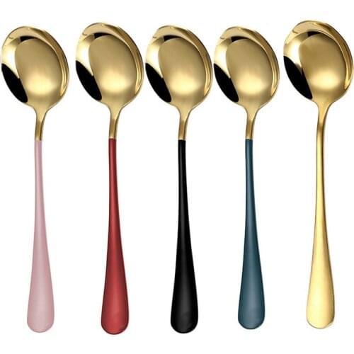 Stainless Steel Spoon Round Head Shape Dessert Ice Cream Soup Spoon Long Handle Golden Coffee Mixing Spoon Tableware Supplies