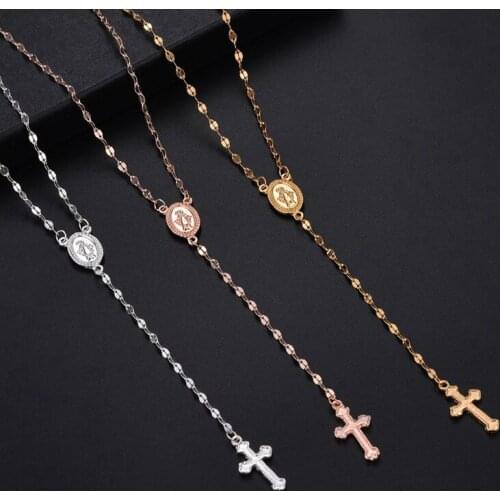 Fashion Cross Pendant Necklace Women Rose Gold Sliver Long Chain Men Necklaces Religious Jewelry
