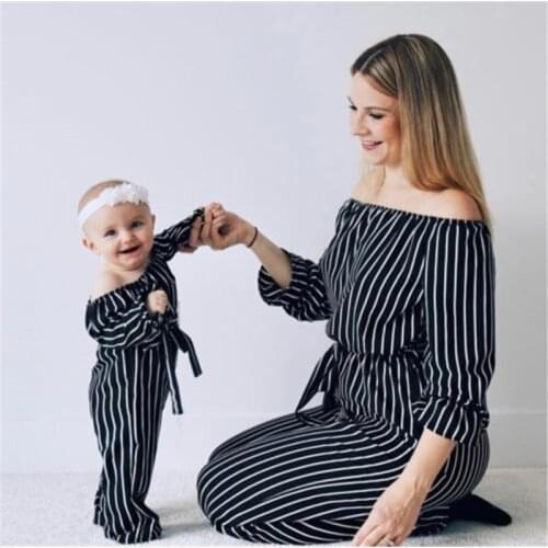 Fashion Family Clothing Matching Mom And Daughter Kids Long Sleeve Clothes Stripe Lace Up Body suit Jumpsuit Outfits