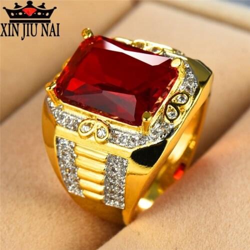 Gorgeous Male Big Red Stone Ring Fashion 18KT Yellow Gold Filled Ring Vintage Wedding Engagement Rings For Men rings for women