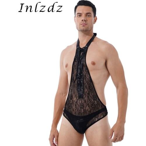 Mens Lingerie Sissy Bodysuit Underwear Floral Lace Deep V See-through Leotard Nightwear Halter Lace-up Open Butt Erotic Teddies