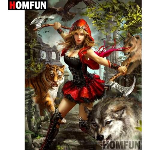 HOMFUN 5D DIY Diamond Painting Full Square/Round Drill "Girl Wolf Tiger" Embroidery Cross Stitch gift Home Decor Gift A07990