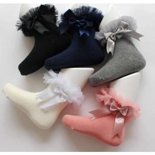 Toddler Baby Girls Princess Socks Bowknot Lace Floral Short Sock Kids Cotton Ruffle Frilly Trim Ankle Socks Girls Party Socks