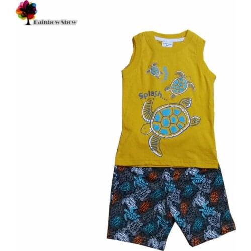 New Children Clothing Summer Boys Cartoon Tortoise Lovely Sleeveless Vest Shorts Yellow Cotton Casual Beach Sets