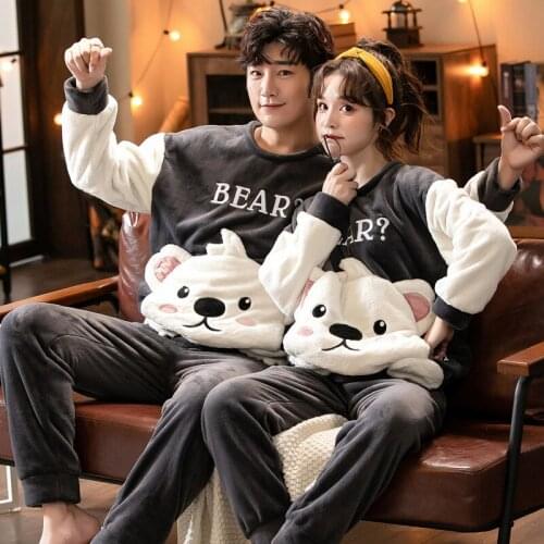 New Pajamas Set For Women Sleepwear Home Clothes Winter Flannel Mens Pyjamas Cartoon Animal Pijama Thick Warm Home Night Suit