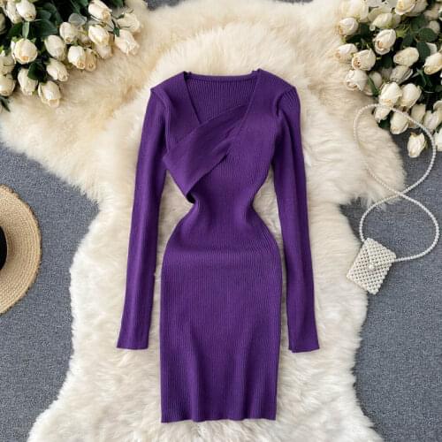 Autumn Elegant Women Purple Knitted Mini Dress Lady Solid Slim Long Sleeve Package Hip Bodycon Dress Female Robe