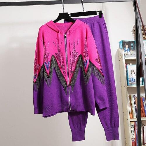 Autumn Women Casual Knitted Tracksuit Set Sequin Tassel Hooded Cardigan Sweater Pencil Pants Outfits Female Loose Knit 2PC Sets