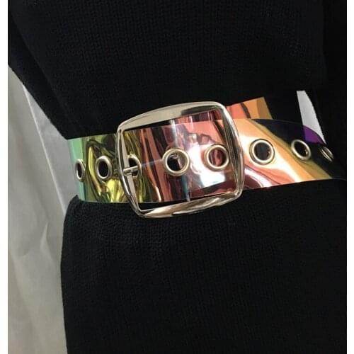 PVC Transparent Color Wide Belt Fashion Personality Party Buckle Girdle Lady with A Piece of Cloth Belt Holographic Womens Belts